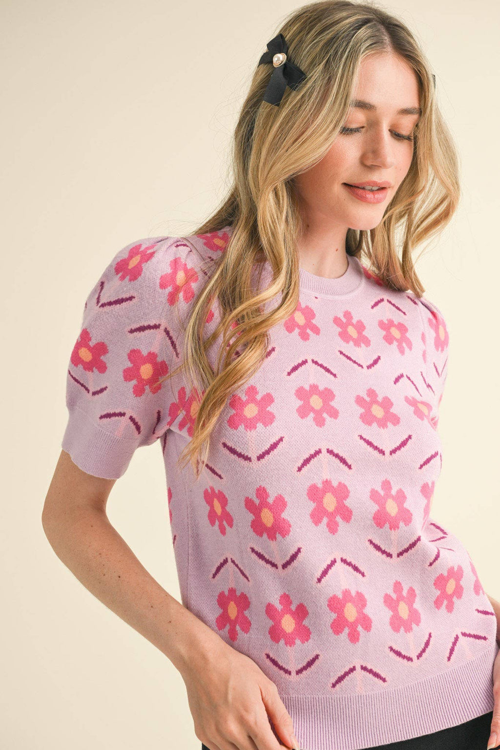 SHORT SLEEVE FLORAL KNIT SWEATER MSW10510
