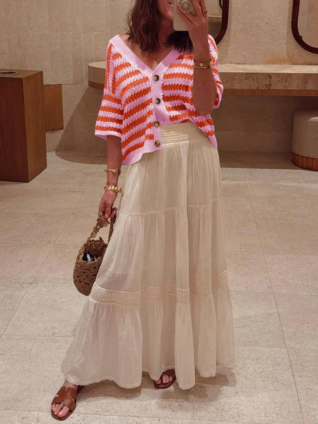 Striped Knit Cardigan Casual V Neck Button Front
