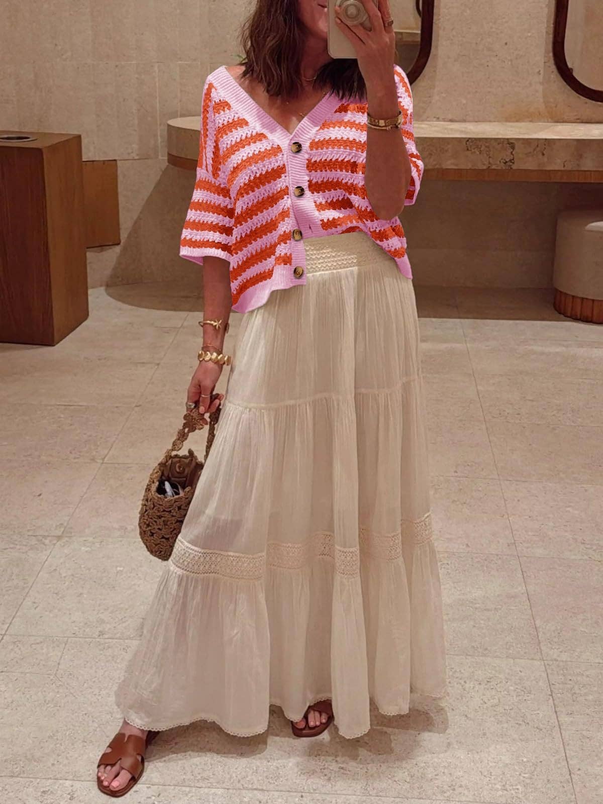 Striped Knit Cardigan Casual V Neck Button Front