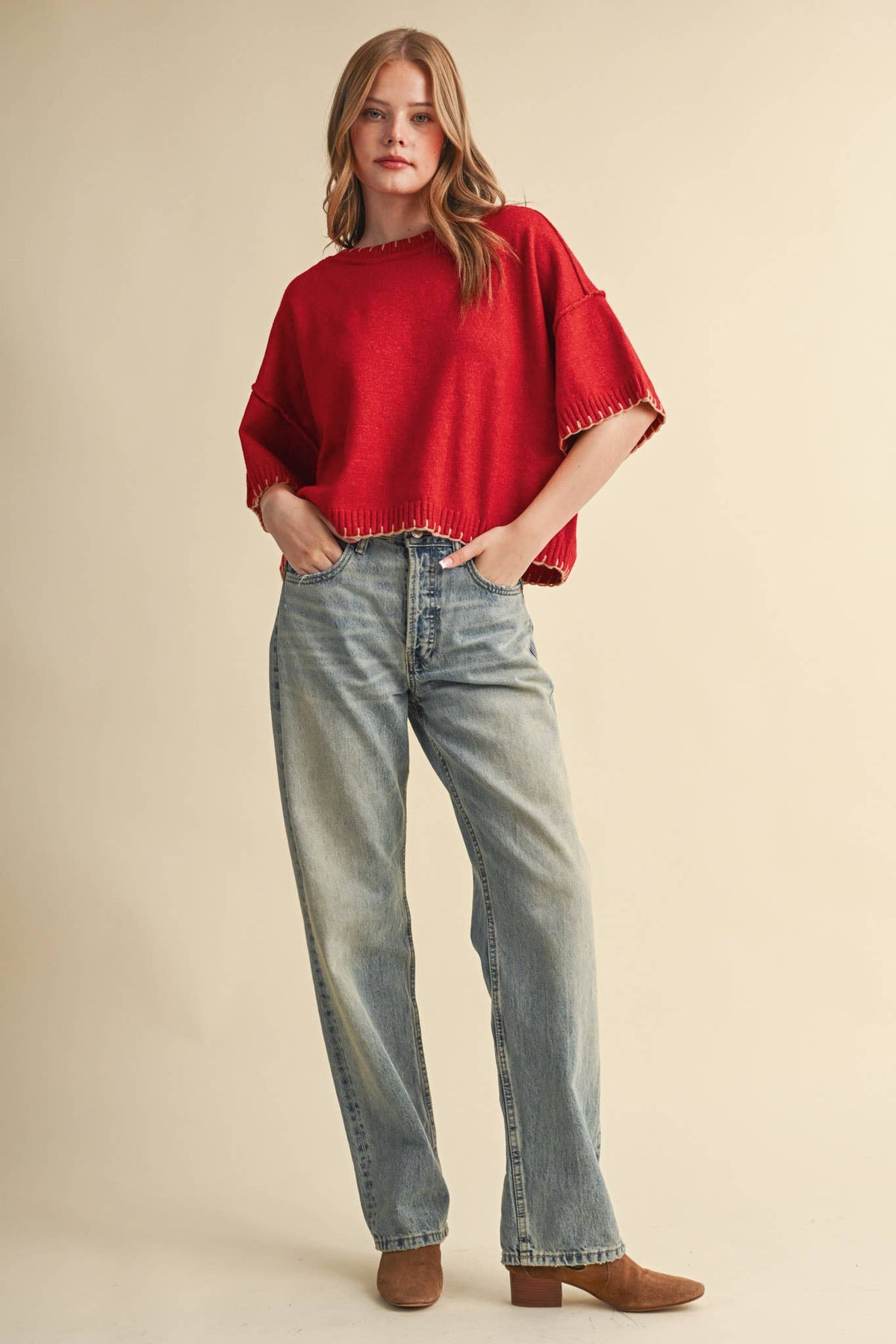 CONTRAST BLANKET STITCH MOCK NECK SHORT SLV SWEATER MSW11407