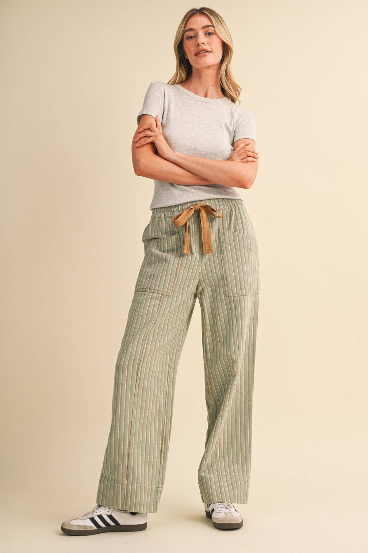 STRIPED WIDE LEG DRAWSTRING PANTS MP5300