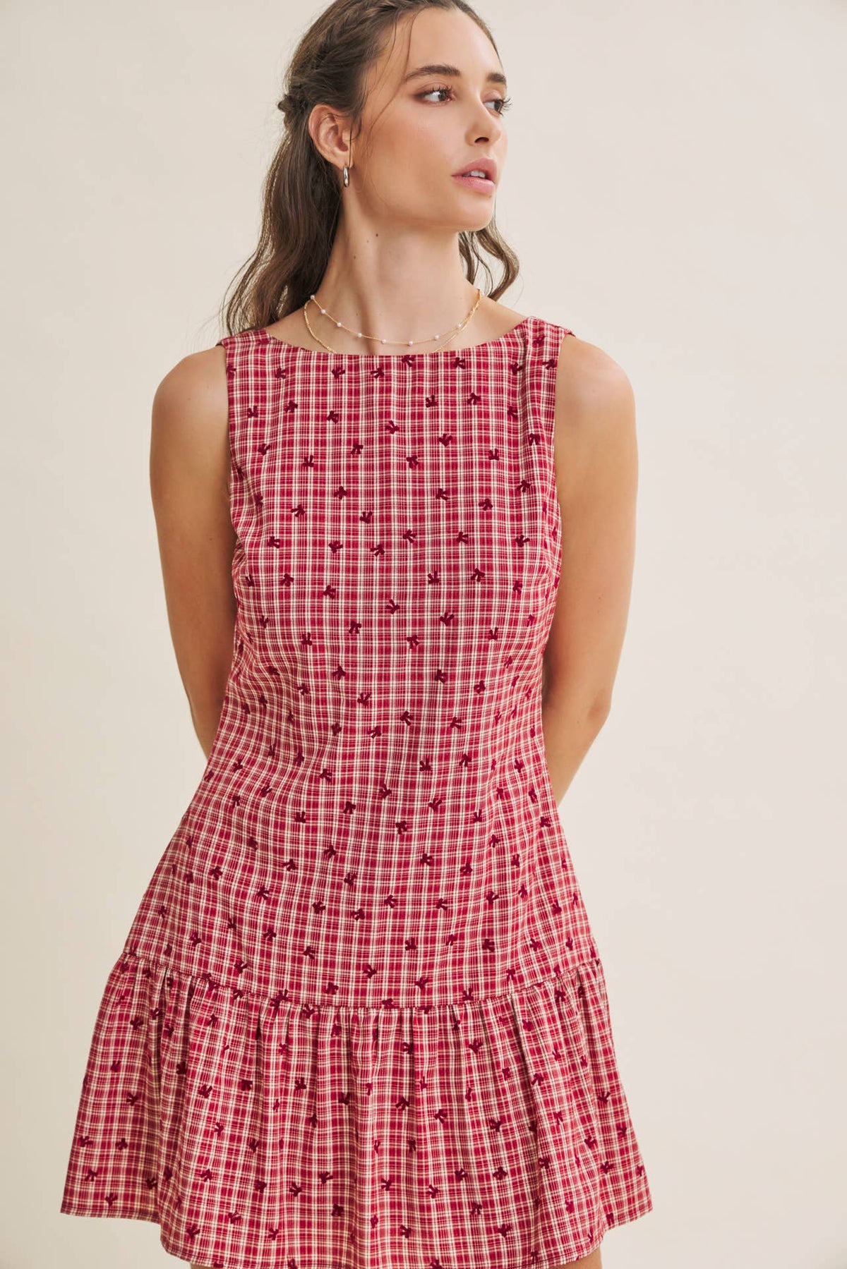 CHARMING FLOCKED PLAID TAILORED DROP WAIST MINI DRESS