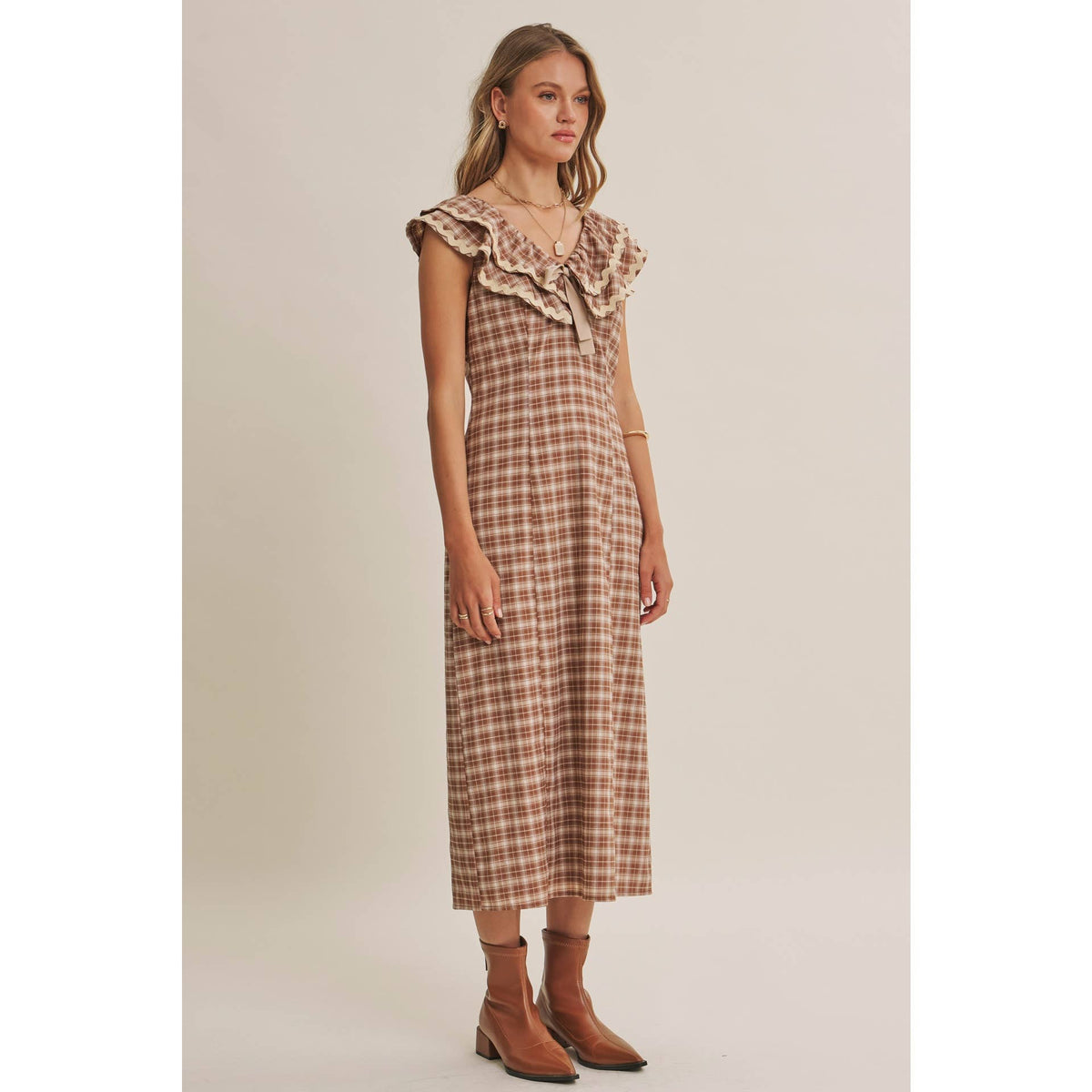AUTUMN HARVEST RUFFLED PLAID BODY SKIMMING SLIT MIDI DRESS