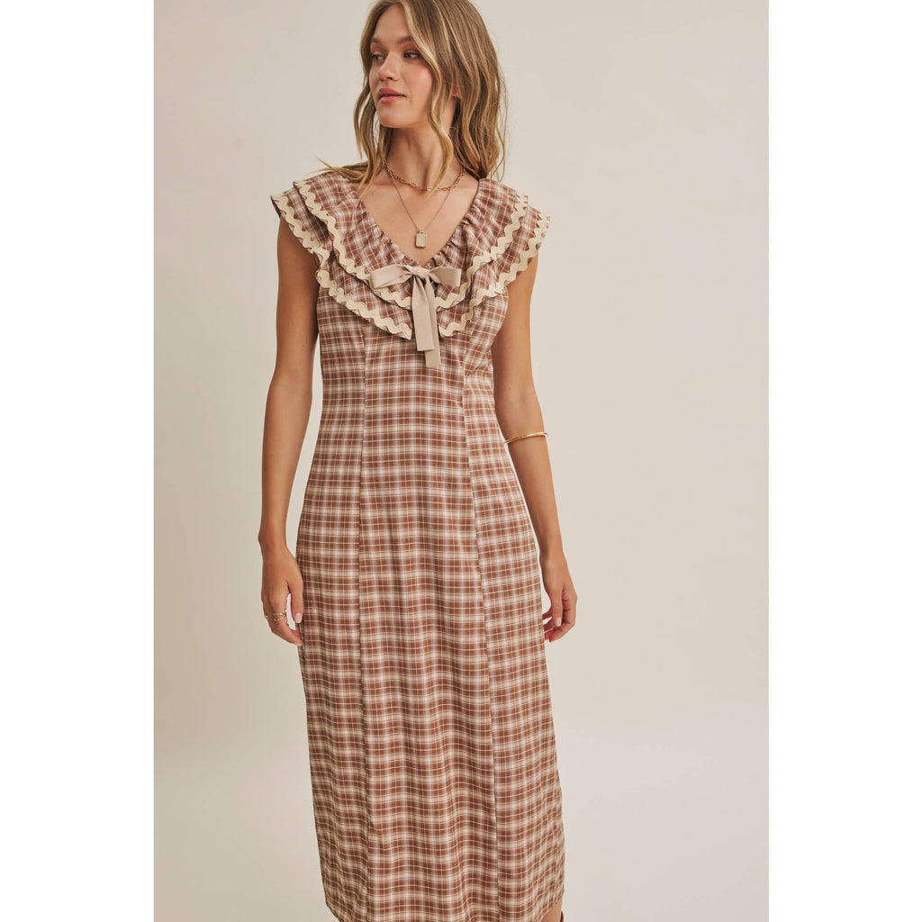 AUTUMN HARVEST RUFFLED PLAID BODY SKIMMING SLIT MIDI DRESS