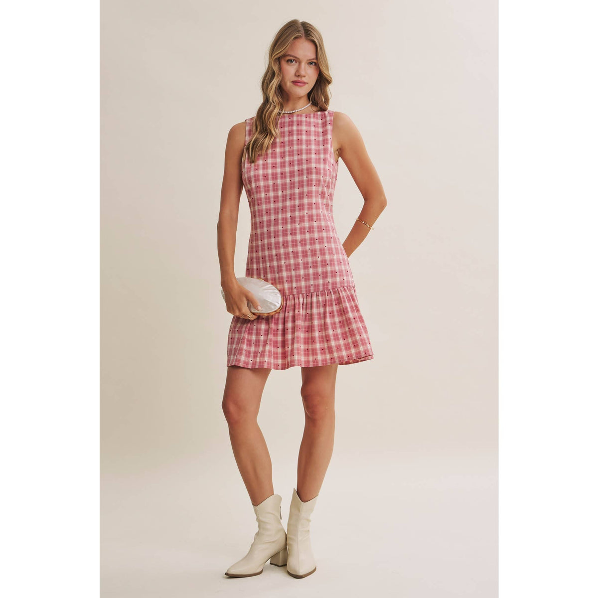 CHARMING FLOCKED PLAID TAILORED DROP WAIST MINI DRESS