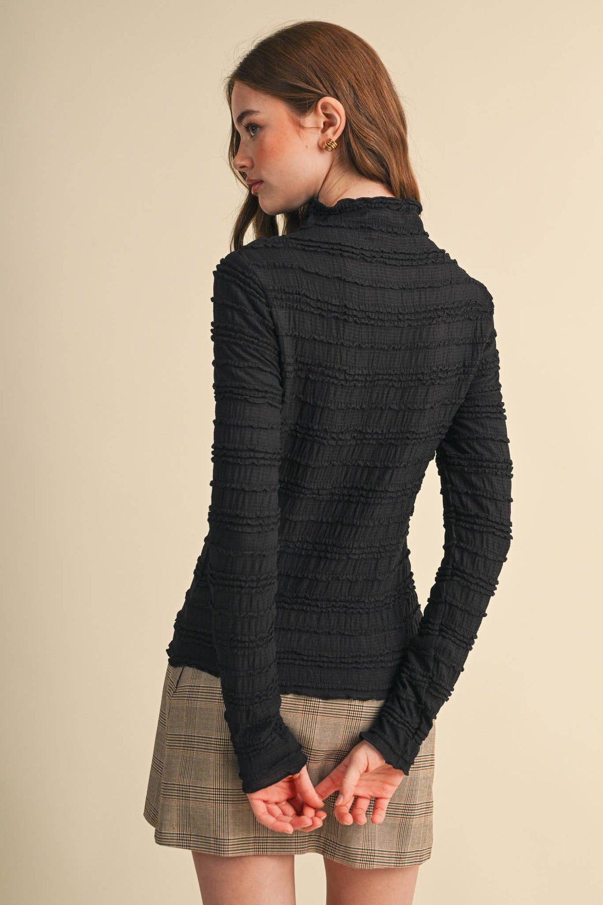 SHIRRED LONG SLEEVE MOCK NECK TOP MTP5407