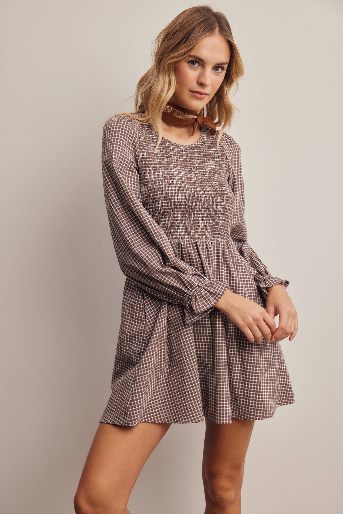 Smocked Gingham Mini Dress FD0071