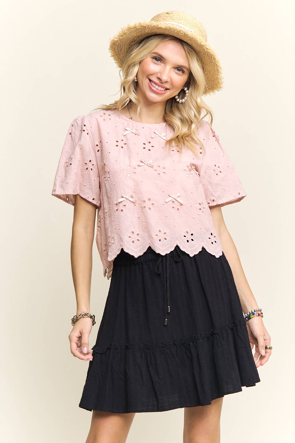 SHORT SLEEVE EYELET EMBROIDERED BLOUSE- LET4206