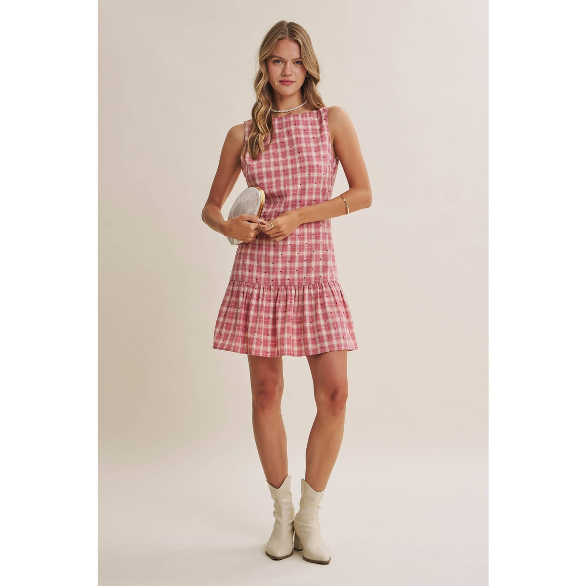 CHARMING FLOCKED PLAID TAILORED DROP WAIST MINI DRESS