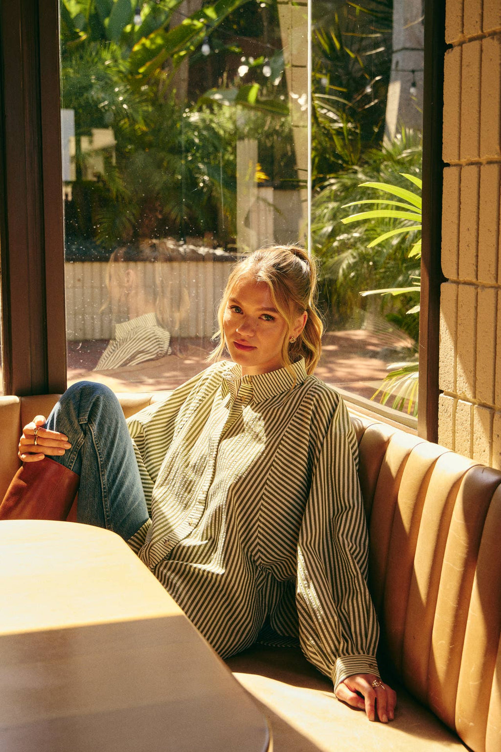 FRENCH CAFE MIXED STRIPE BATWING BUTTON-DOWN SHIRT