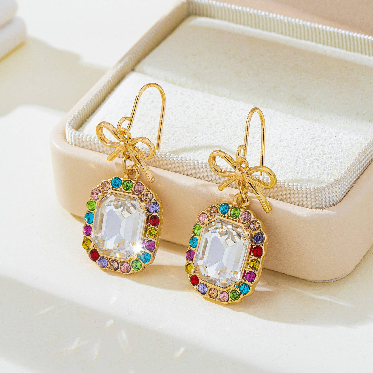 Bow & Emerald-Cut Rainbow Crystal Drop Earrings | 80E62407