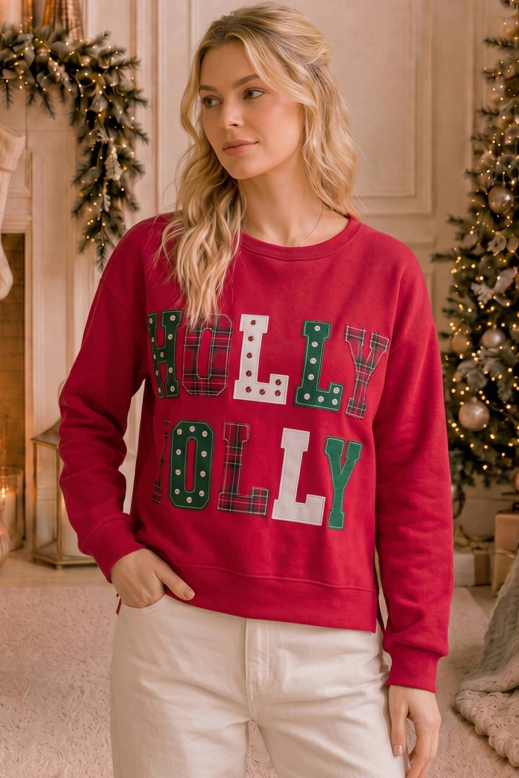 Holly Jolly Patchwork Graphic Holiday Sweatshirt