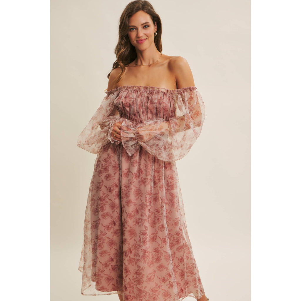 ETHEREAL GRACE FLORAL ORGANZA MIDI DRESS WITH ELASTIC WAIST