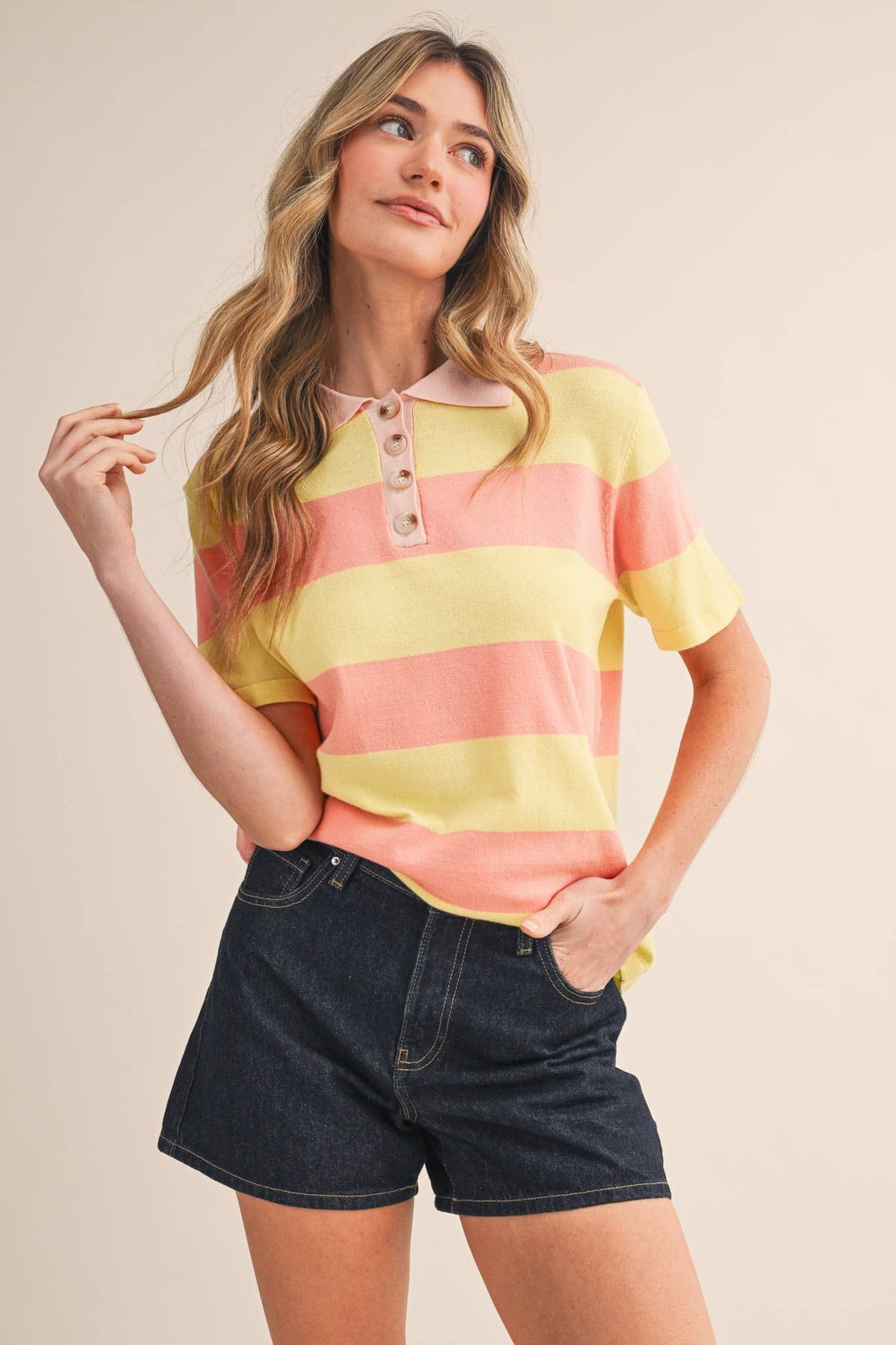 STRIPED SWEATER KNIT SHORT SLEEVE POLO MSW11339