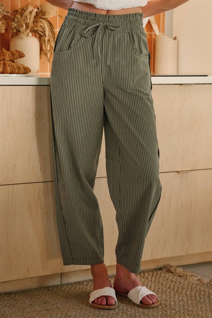 LINEN BLEND STRIPED CASUAL RELAXED PANTS WITH DRAWSTRING