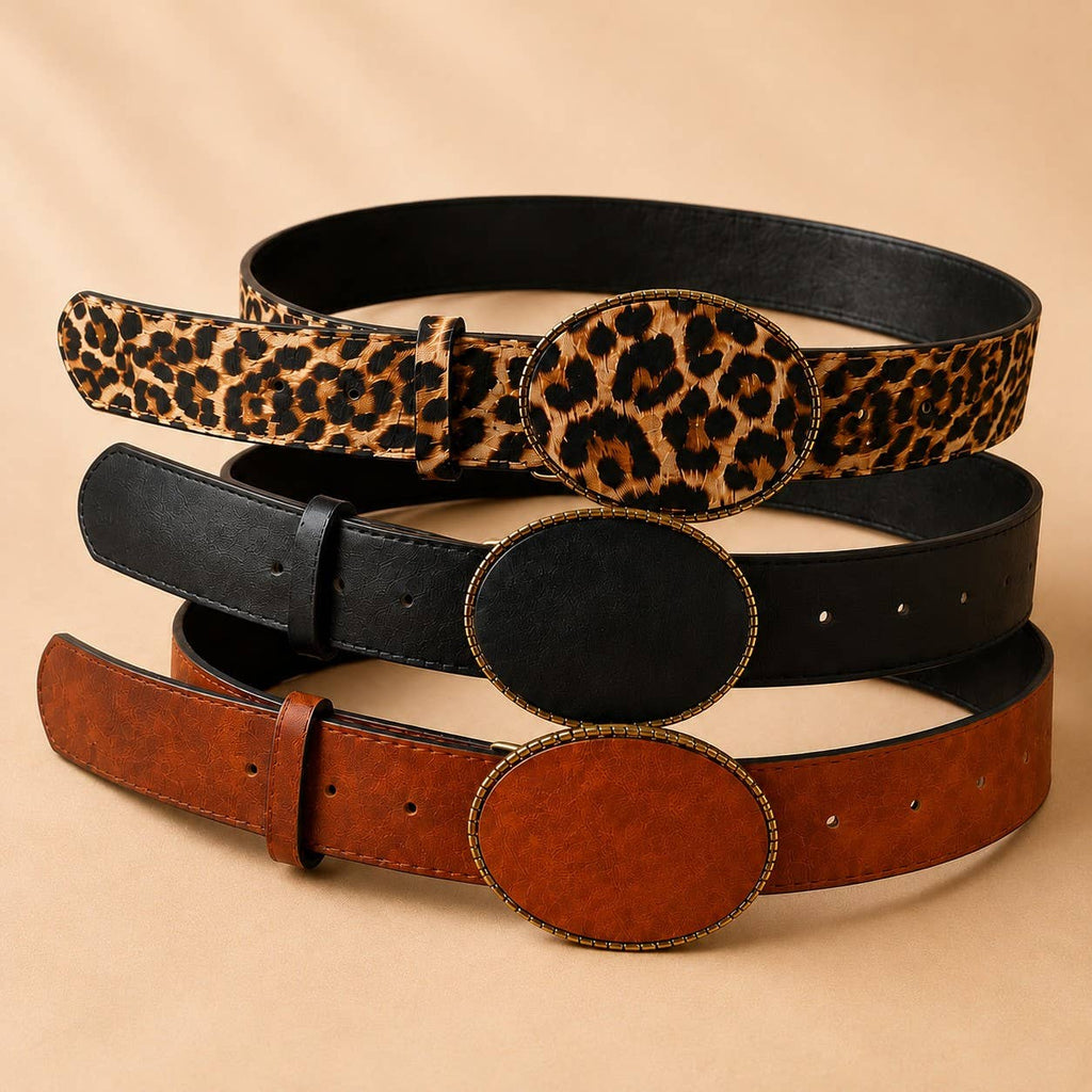 Western Oval Buckle Faux Leather & Leopard Belt | 40BT660