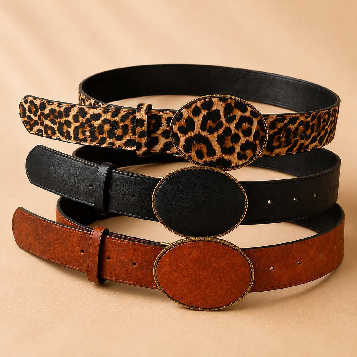 Western Oval Buckle Faux Leather & Leopard Belt | 40BT660