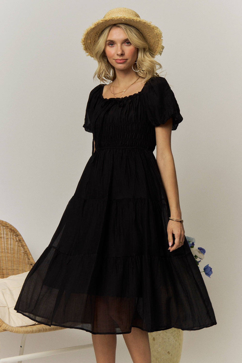 BOHO SMOCKED TIERED MIDI DRESS- LED4301
