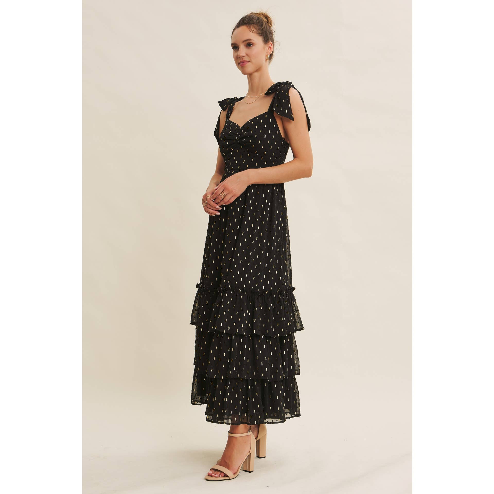 DESIGNED FOR MAGICAL MOMENT RUCHED FOIL SWISS DOT MAXI DRESS