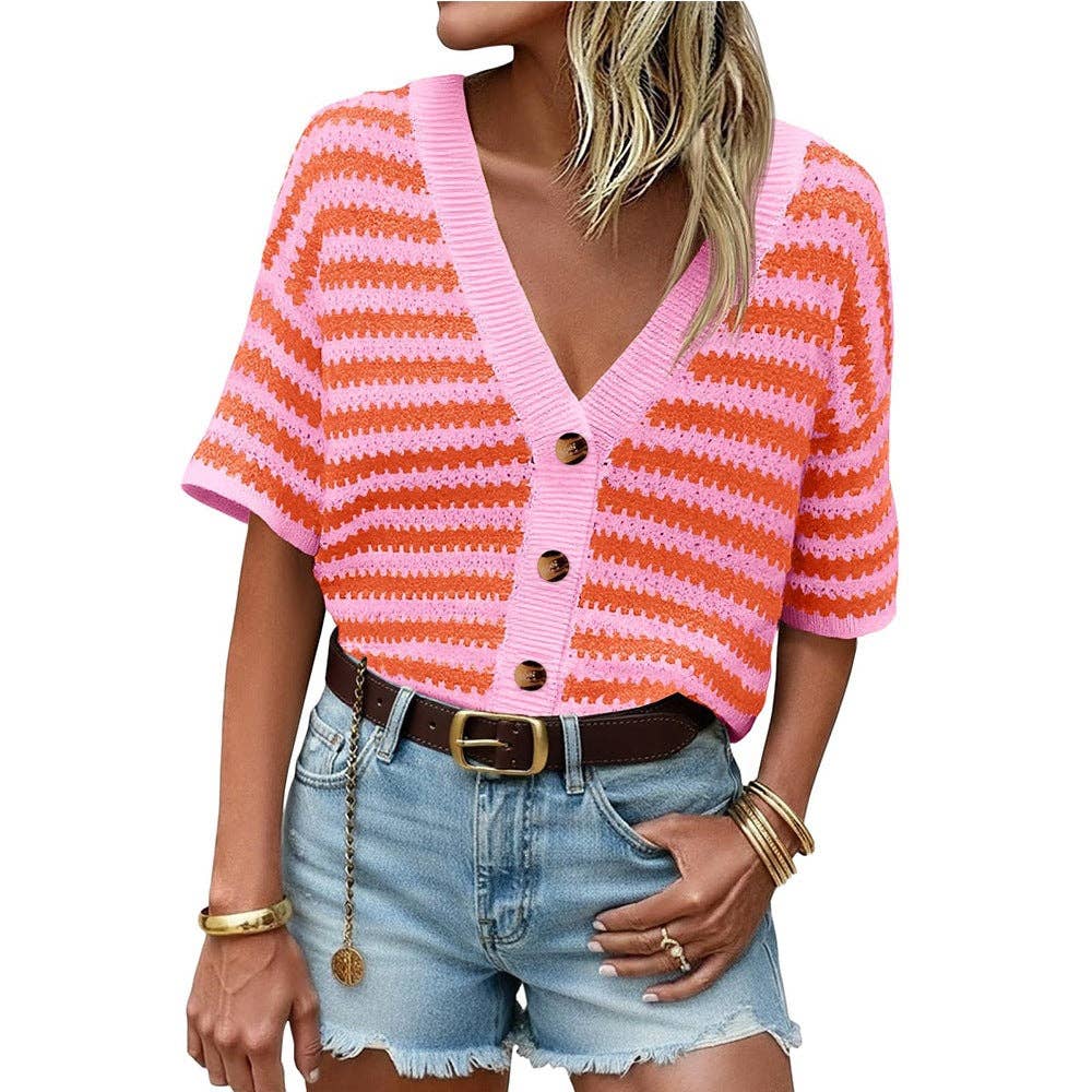Striped Knit Cardigan Casual V Neck Button Front