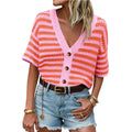 Striped Knit Cardigan Casual V Neck Button Front