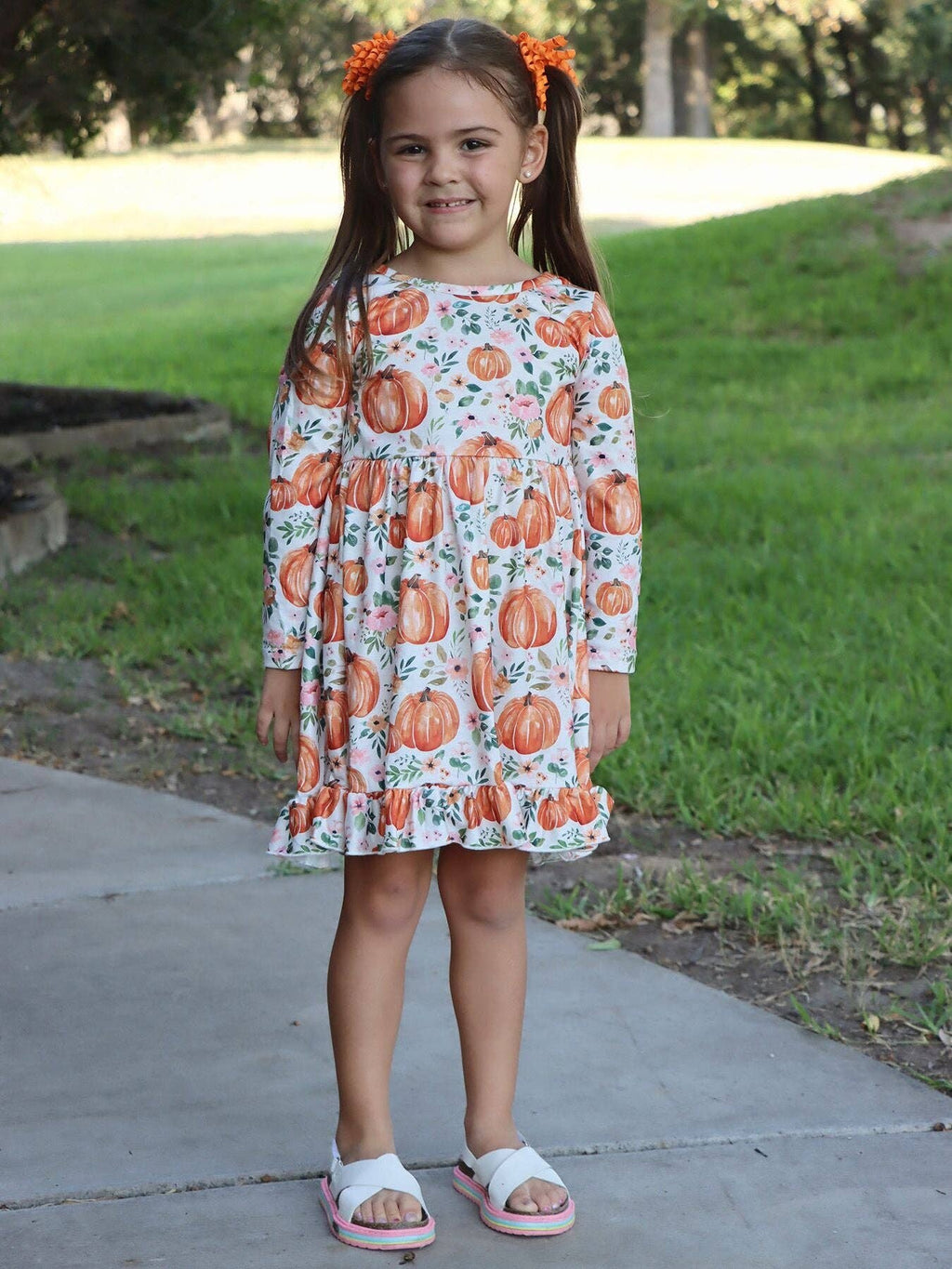Girls FALL Pumpkin Print Long Sleeve Dress