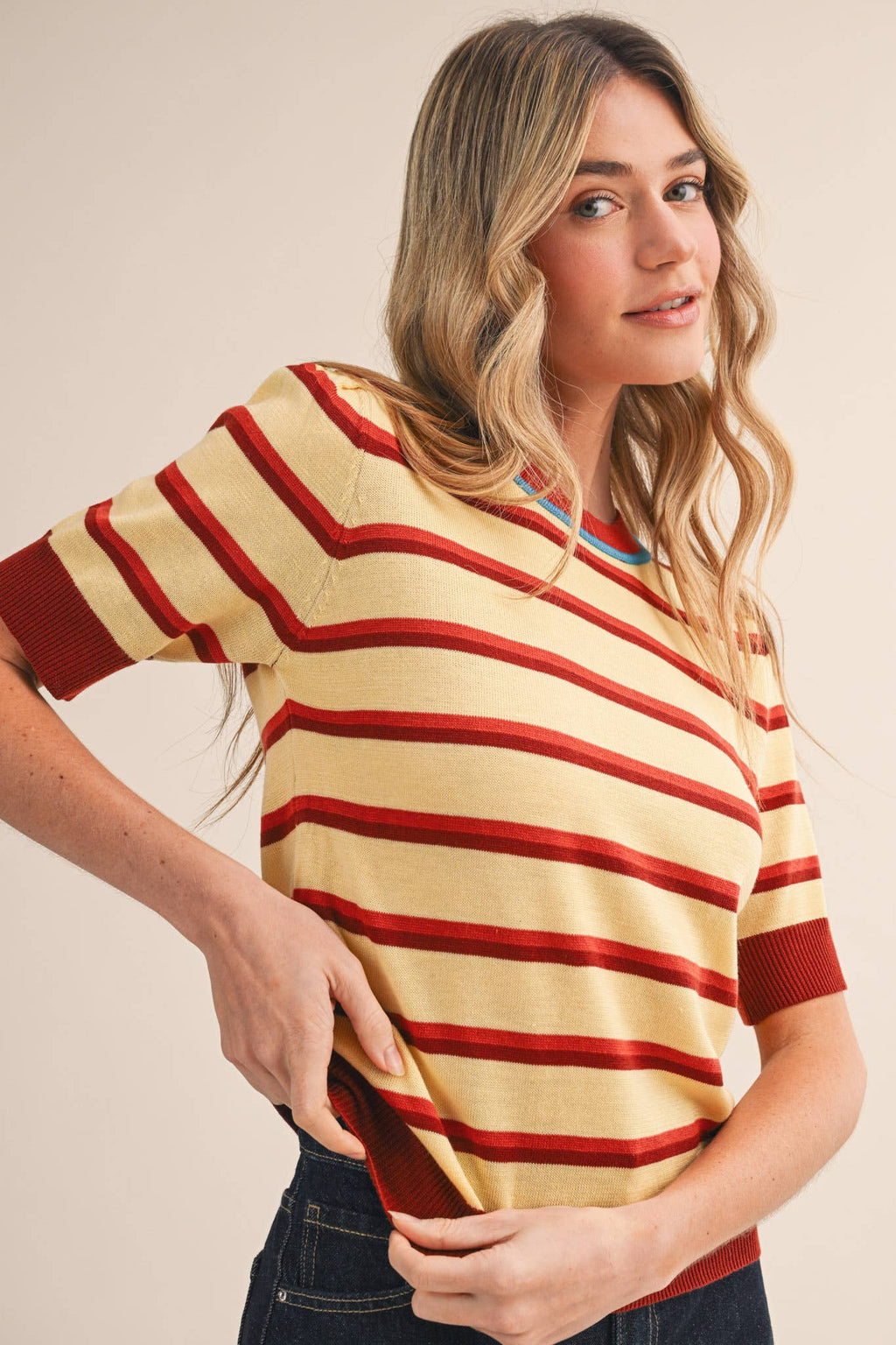 STRIPED SHORT SLEEVE SWEATER MSW11335