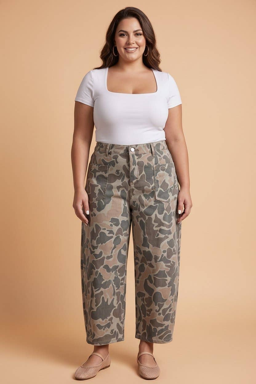 PRETTY BASH Plus Size Camo Denim High Waist Barrel Jeans