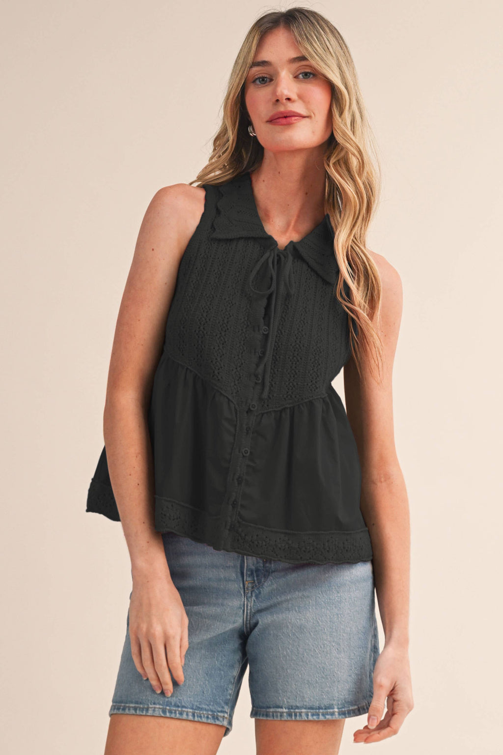 MIXED MEDIA COLLARED BUTTON DOWN SWEATER TOP MSW11289