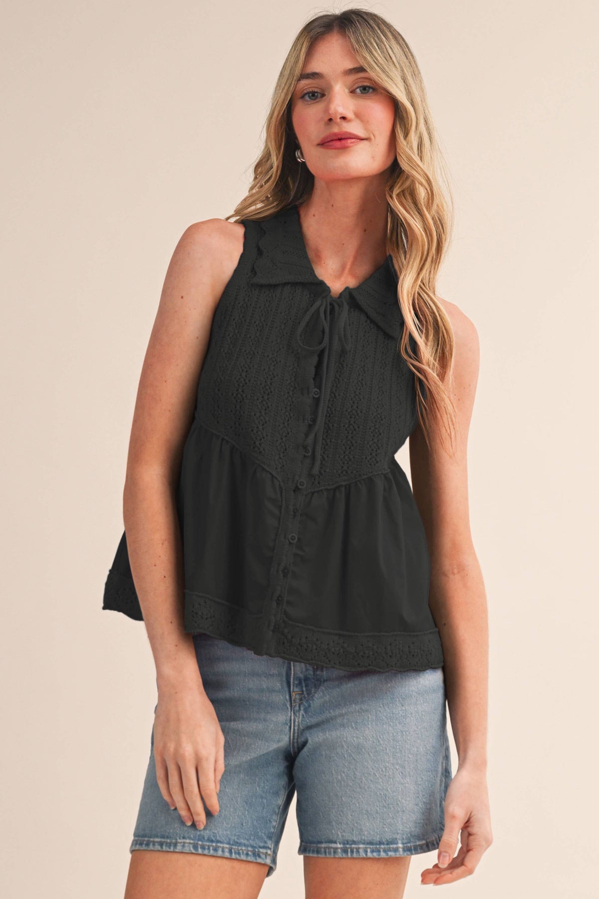 MIXED MEDIA COLLARED BUTTON DOWN SWEATER TOP MSW11289