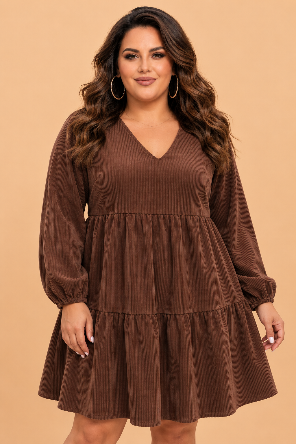 PRETTY BASH Plus Size Solid Corduroy Long Sleeve Mini Dress