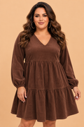 PRETTY BASH Plus Size Solid Corduroy Long Sleeve Mini Dress