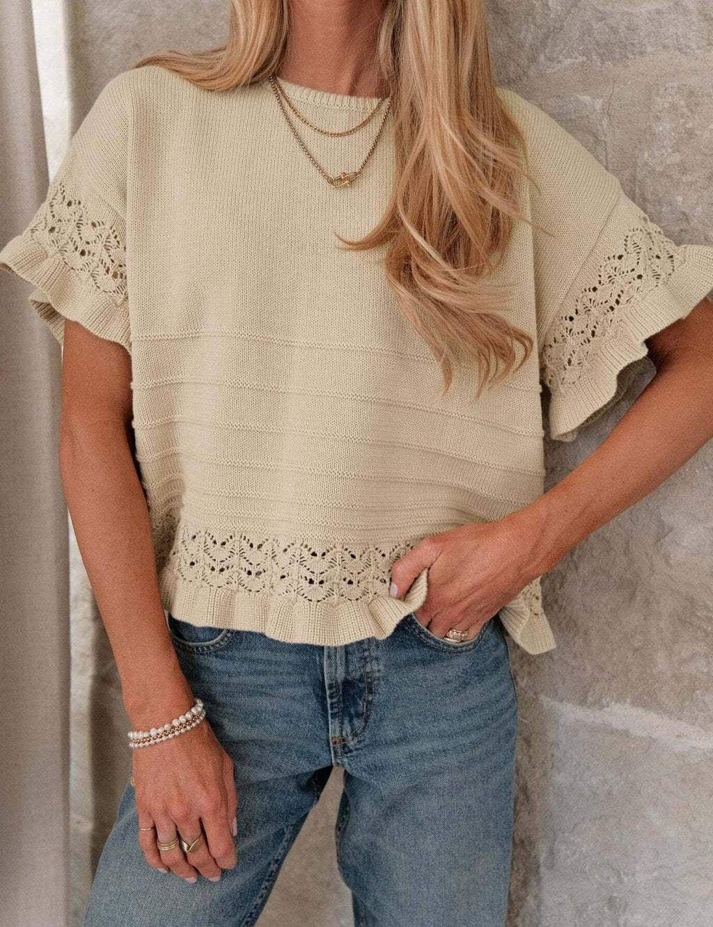 Boho Solid Knit Top Casual Eyelet Ruffle Sleeve