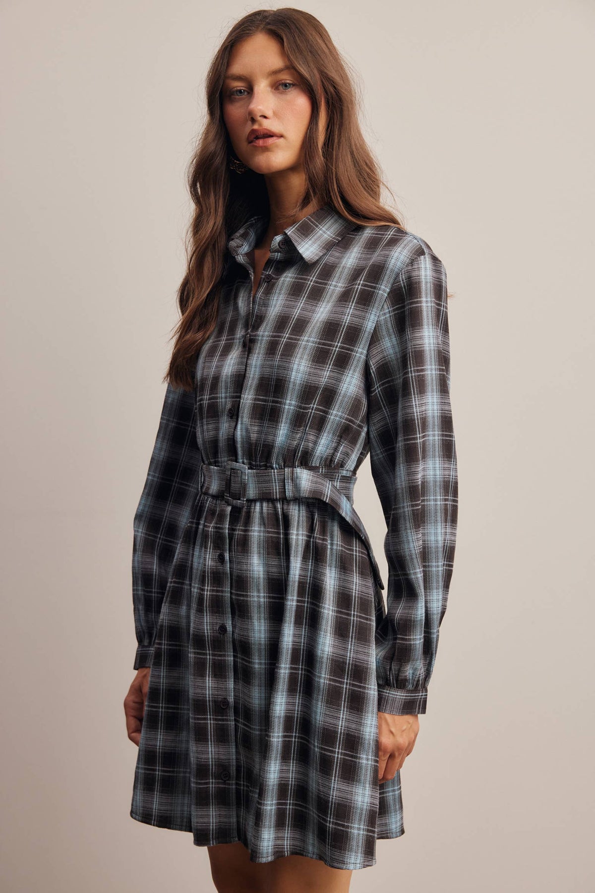 Belted Plaid Shirt Dress FD0063