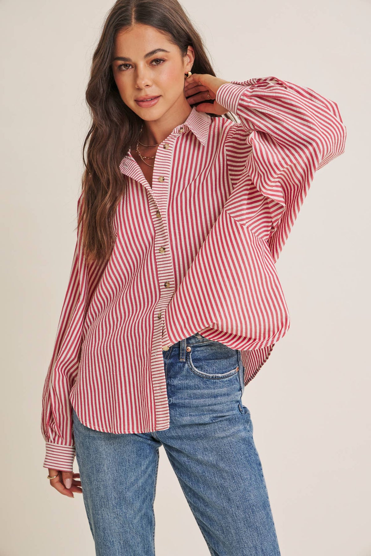 FRENCH CAFE MIXED STRIPE BATWING BUTTON-DOWN SHIRT