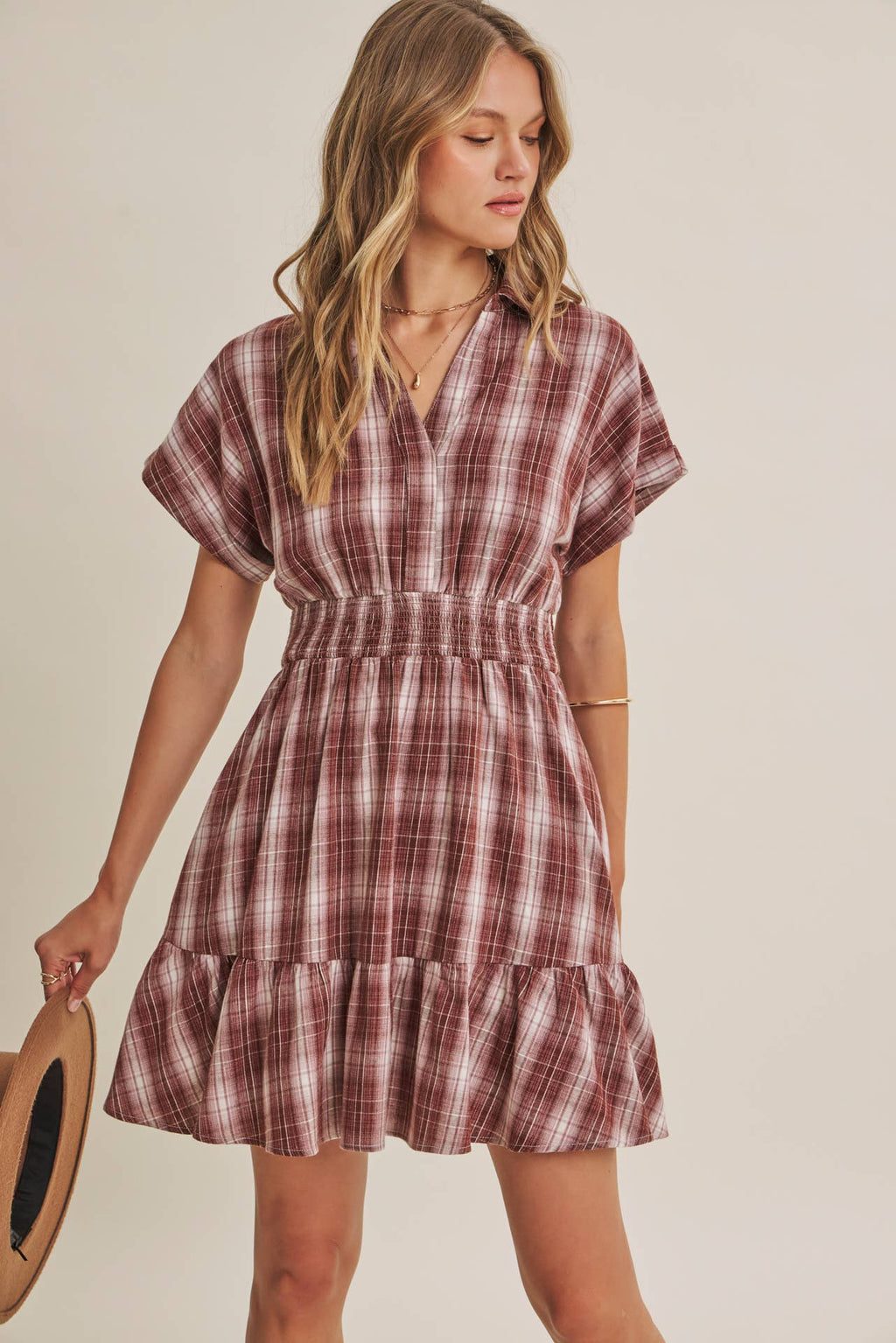 AUTUMN PICNIC DROP SHOULDER PLAID SMOCKED WAIST MINI DRESS