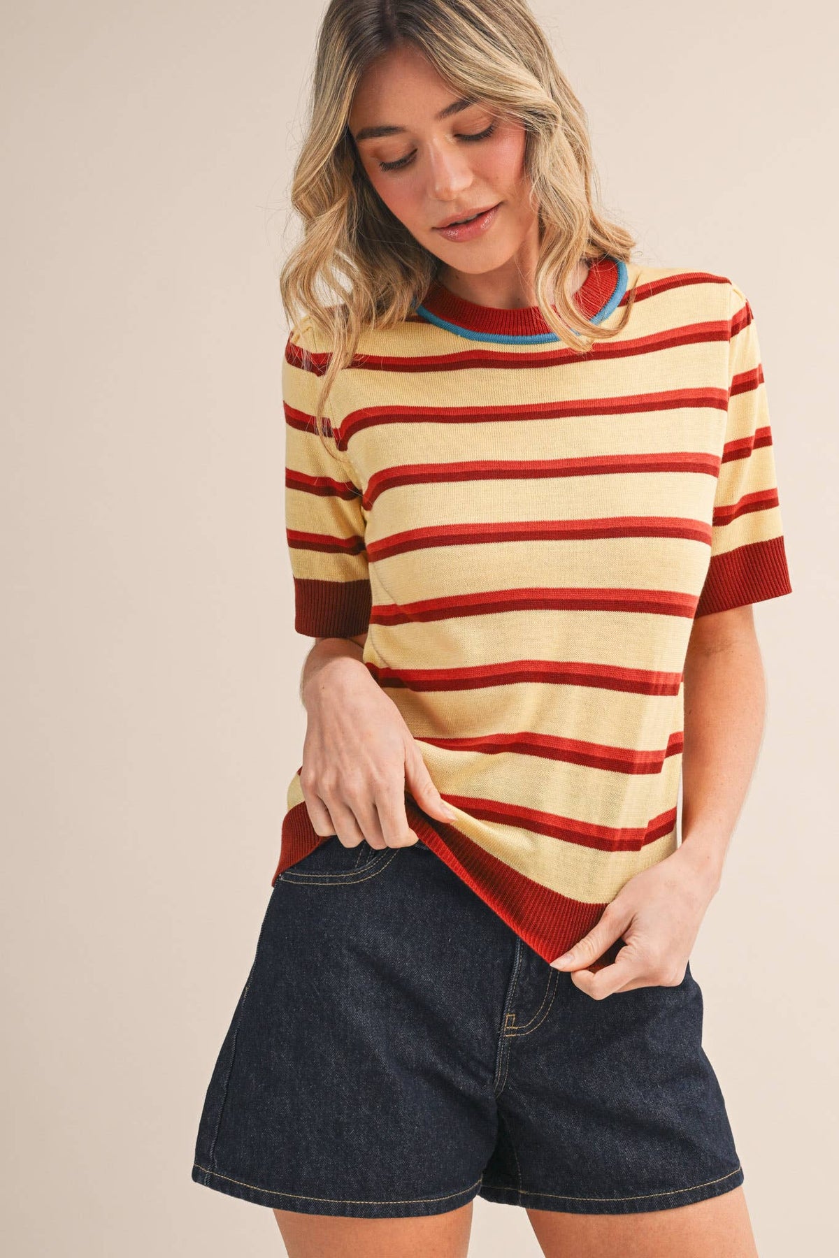 STRIPED SHORT SLEEVE SWEATER MSW11335