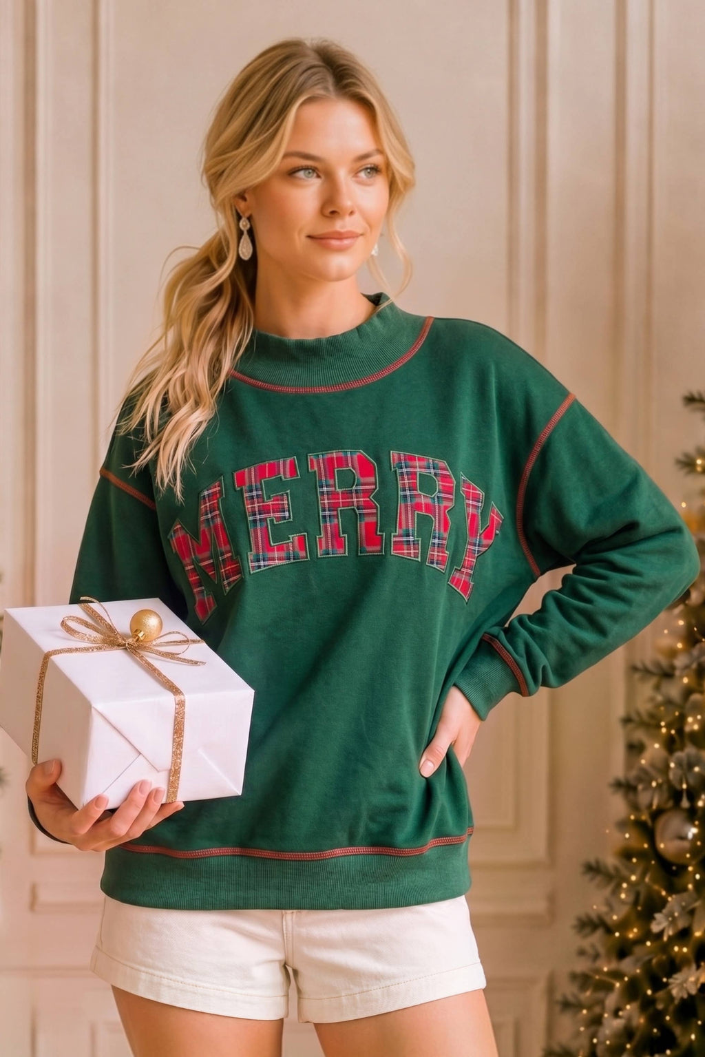 Merry Plaid Patch Holiday Sweatshirt