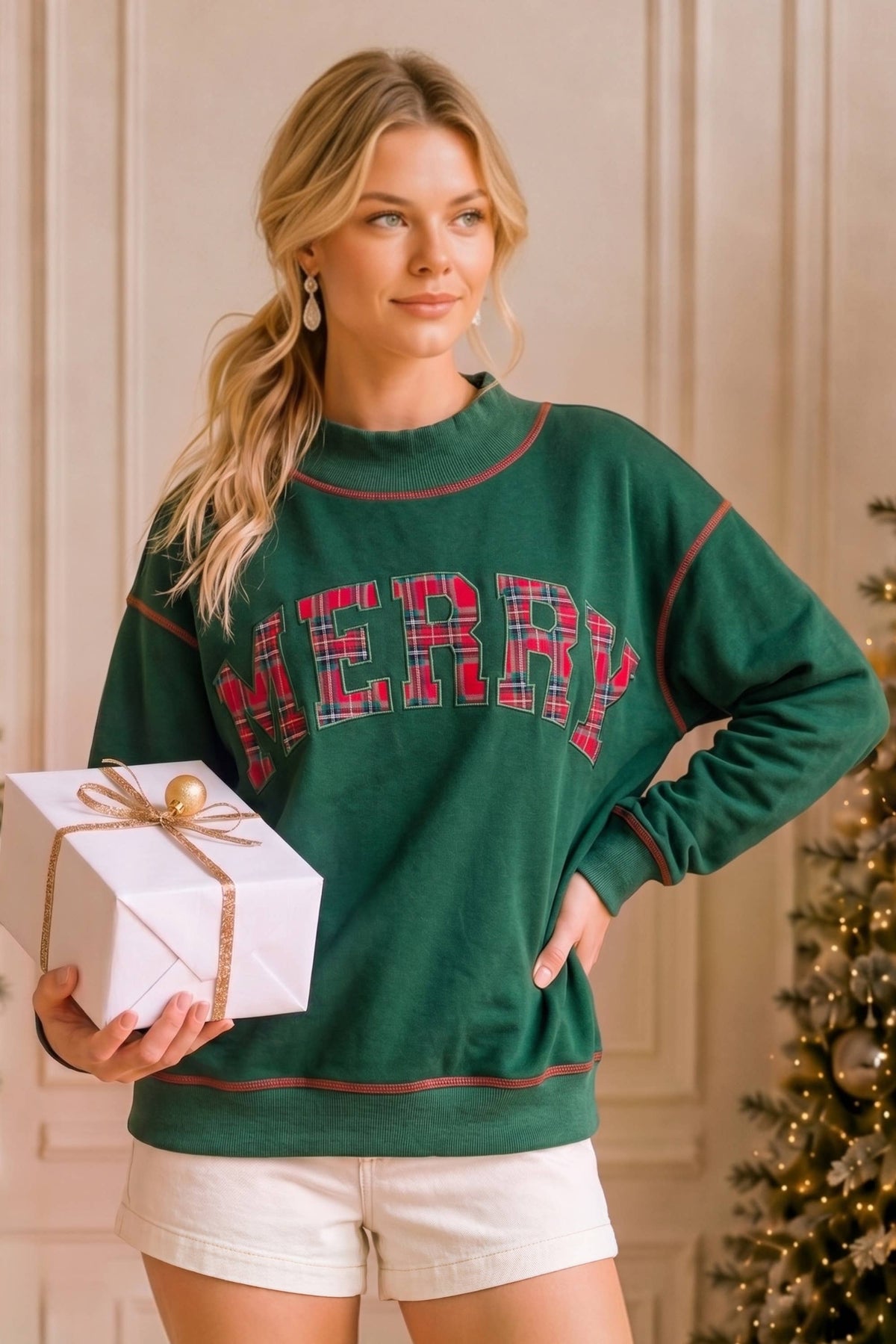 Merry Plaid Patch Holiday Sweatshirt