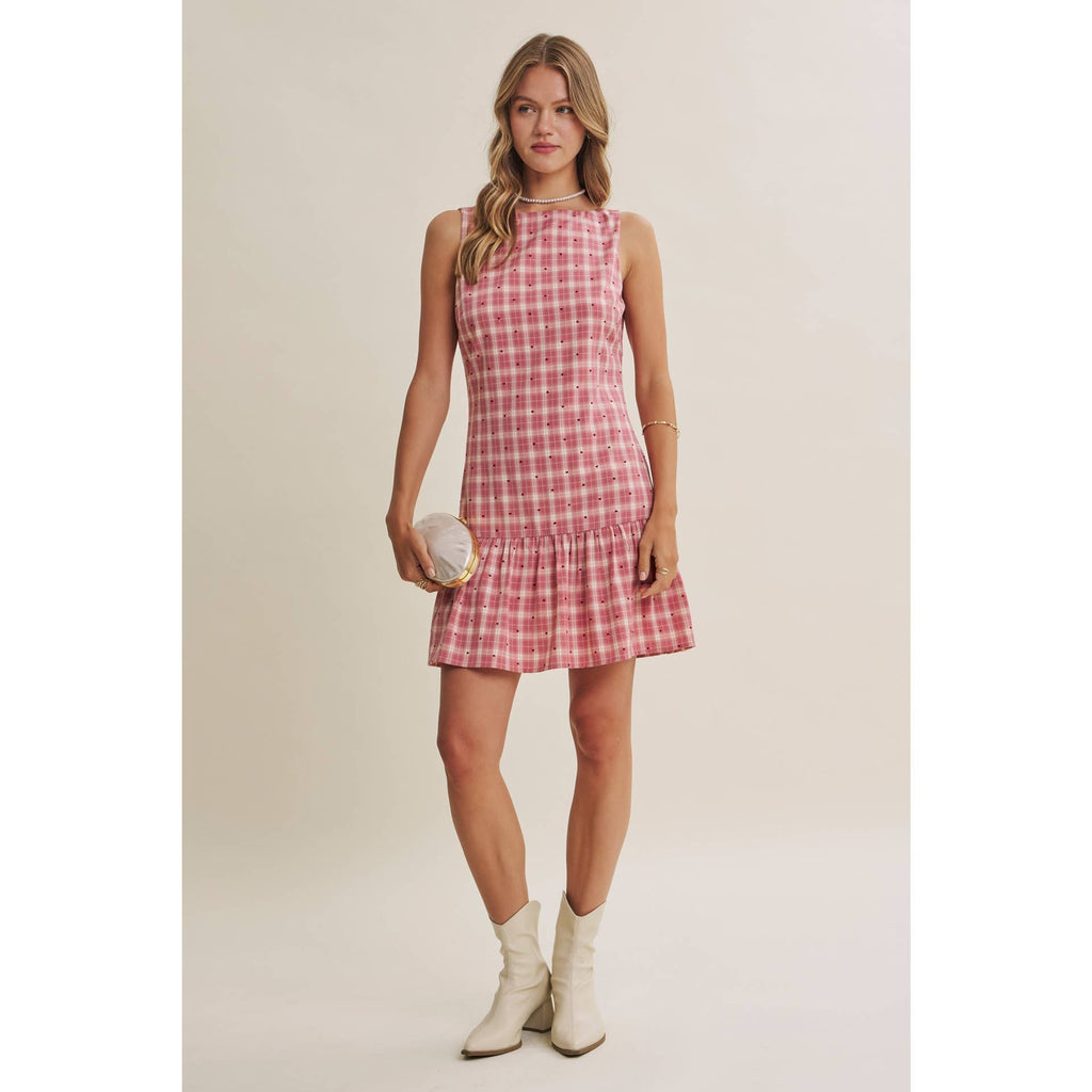 CHARMING FLOCKED PLAID TAILORED DROP WAIST MINI DRESS