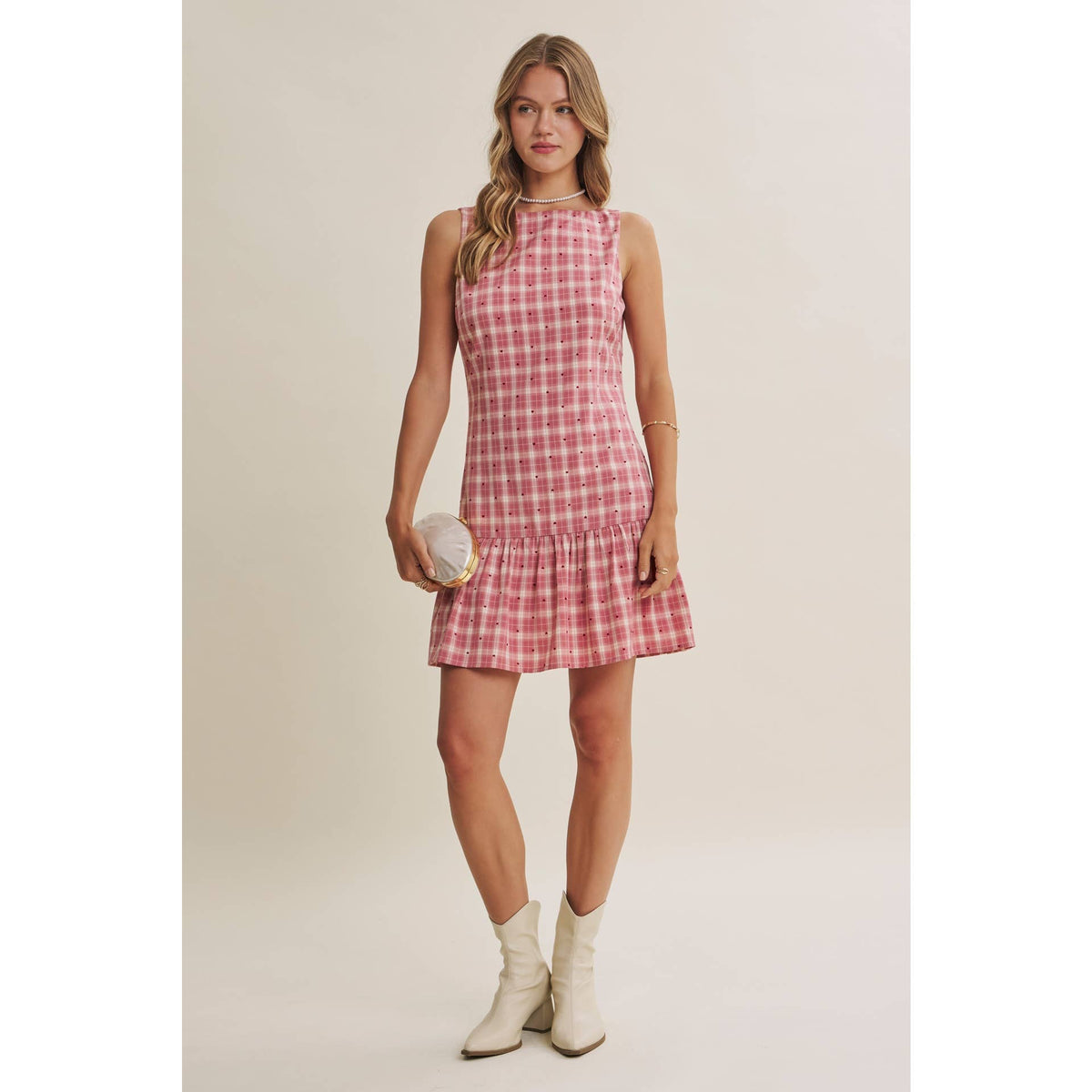 CHARMING FLOCKED PLAID TAILORED DROP WAIST MINI DRESS