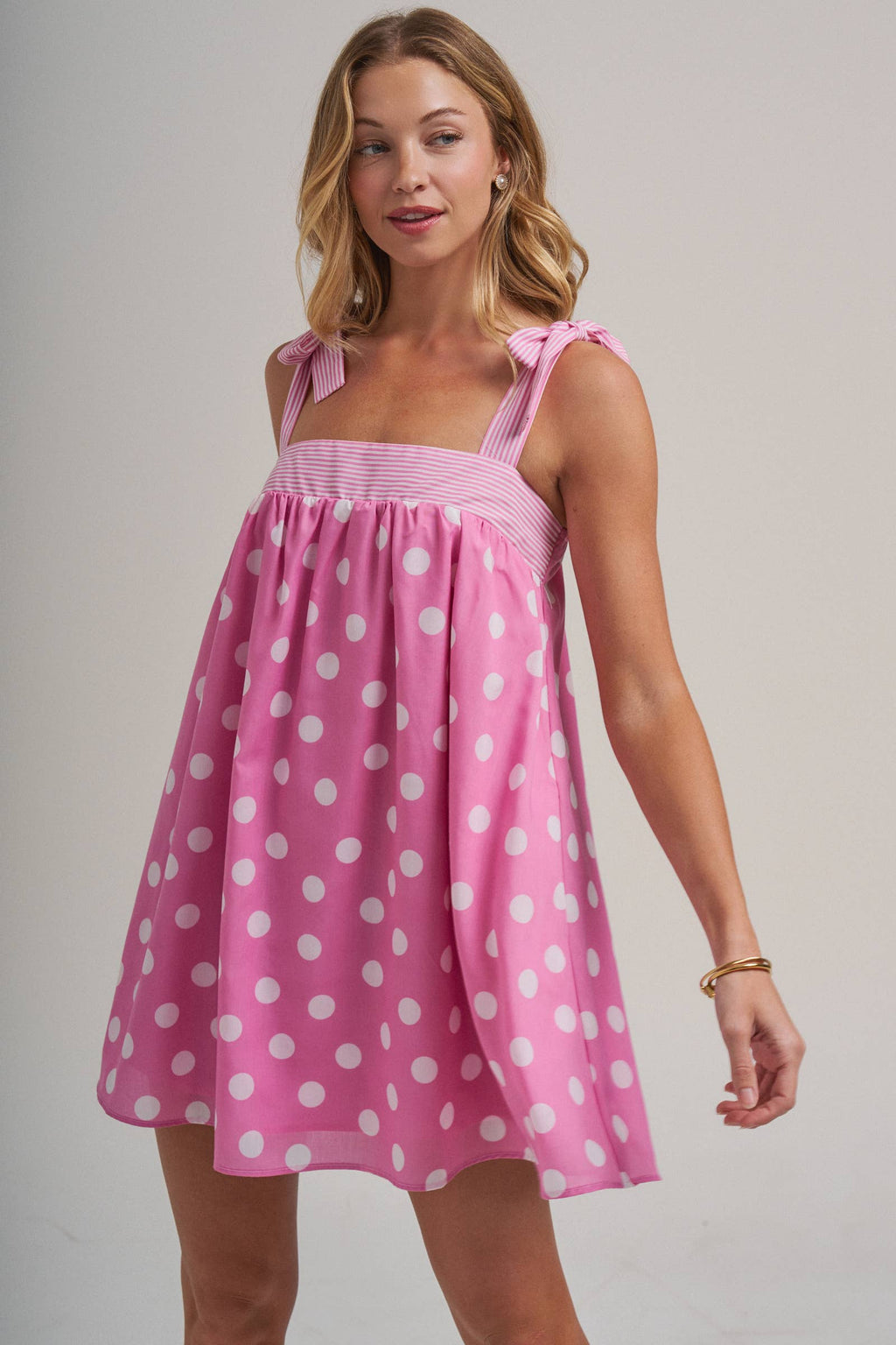 POLKA DOT BABYDOLL A LINE MINI DRESS WITH STRIPE BODICE