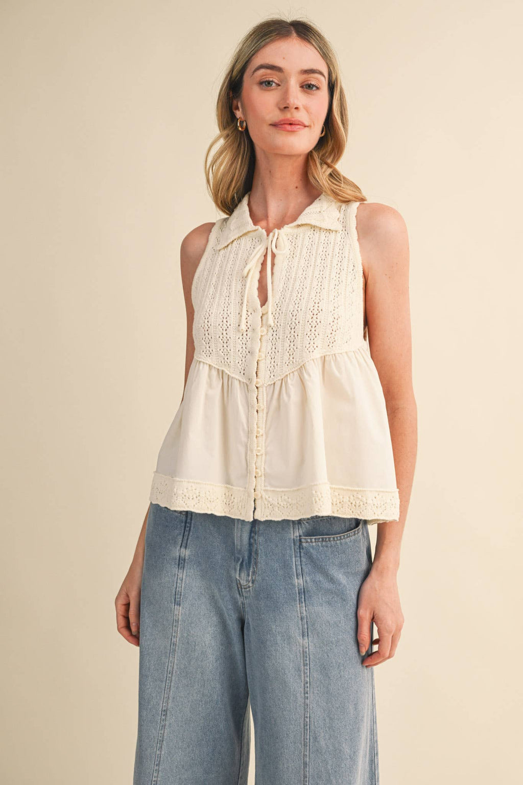 MIXED MEDIA COLLARED BUTTON DOWN SWEATER TOP MSW11289