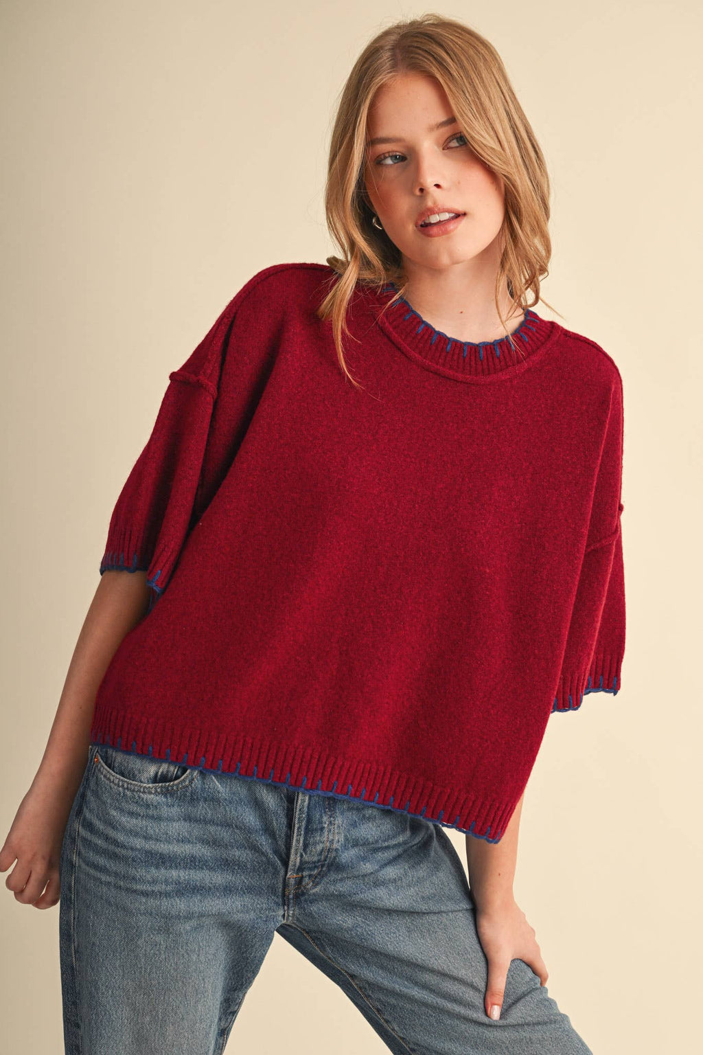 CONTRAST BLANKET STITCH MOCK NECK SHORT SLV SWEATER MSW11407