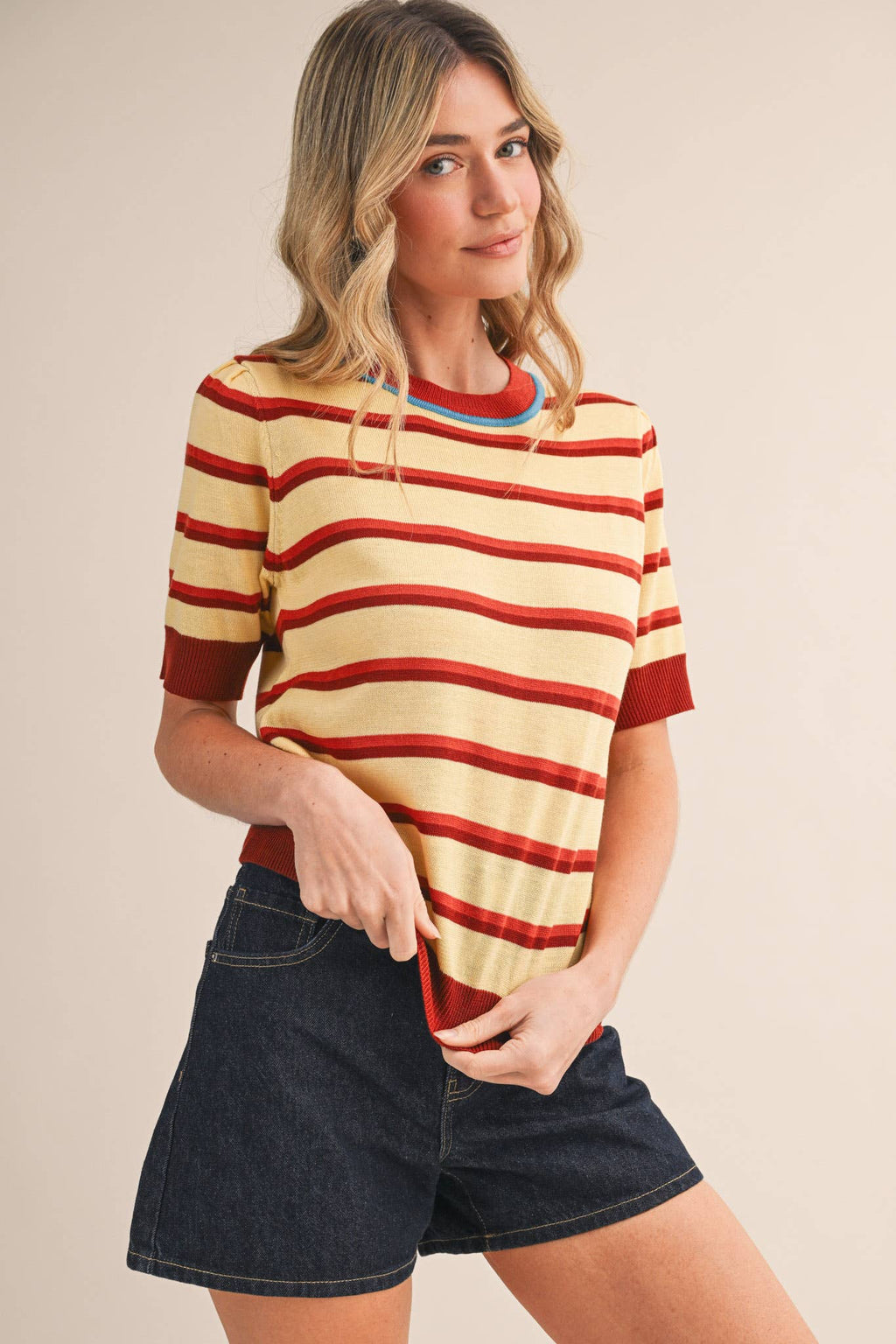 STRIPED SHORT SLEEVE SWEATER MSW11335