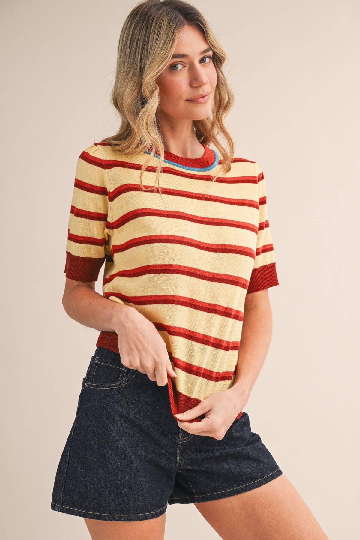 STRIPED SHORT SLEEVE SWEATER MSW11335