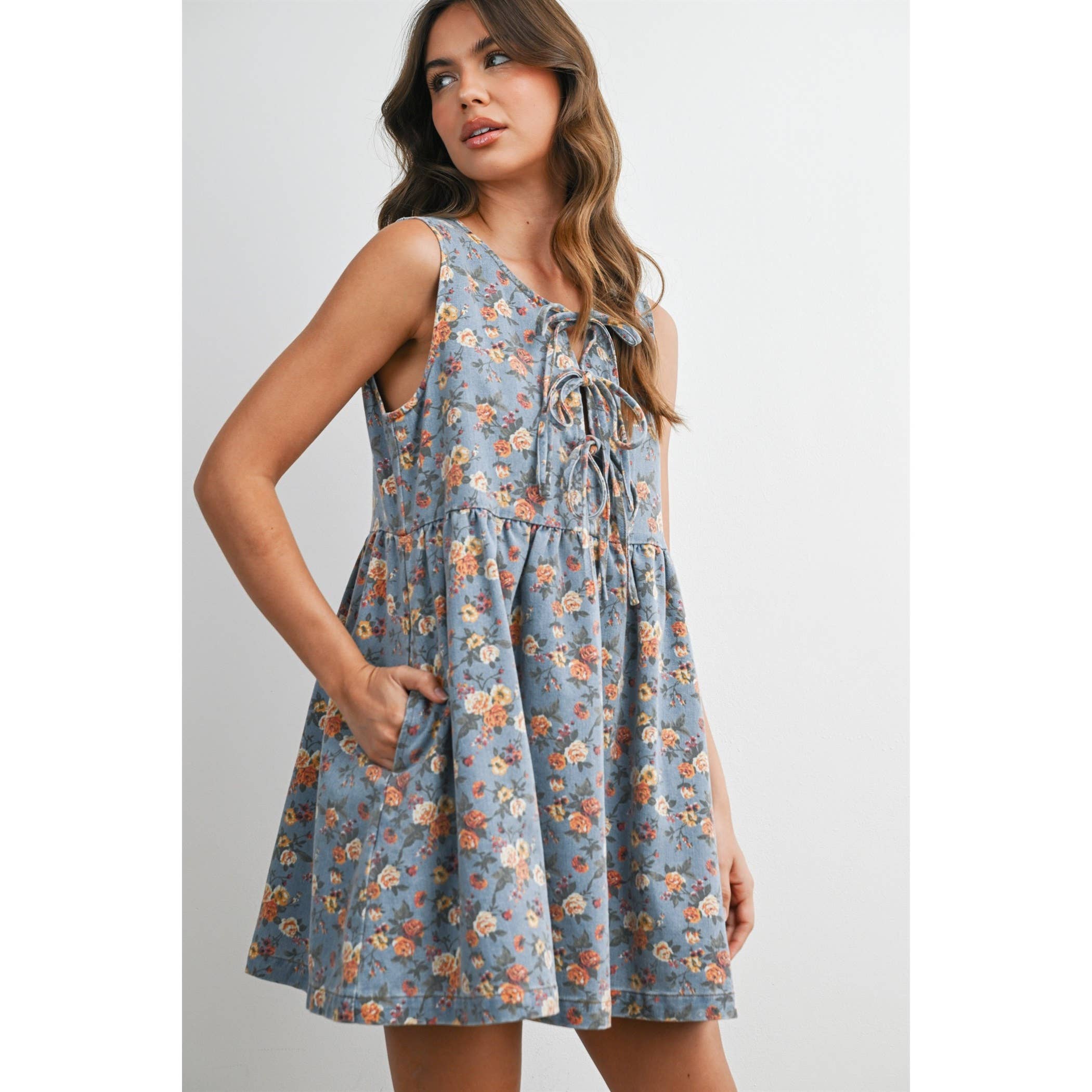 Floral Tie-Front Babydoll Dress - BMD8380