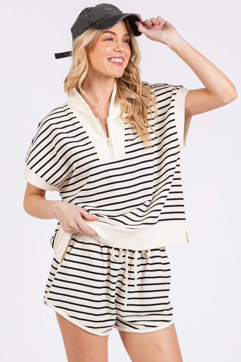 HALF ZIP UP STRIPED TOP AND SHORTS SETS