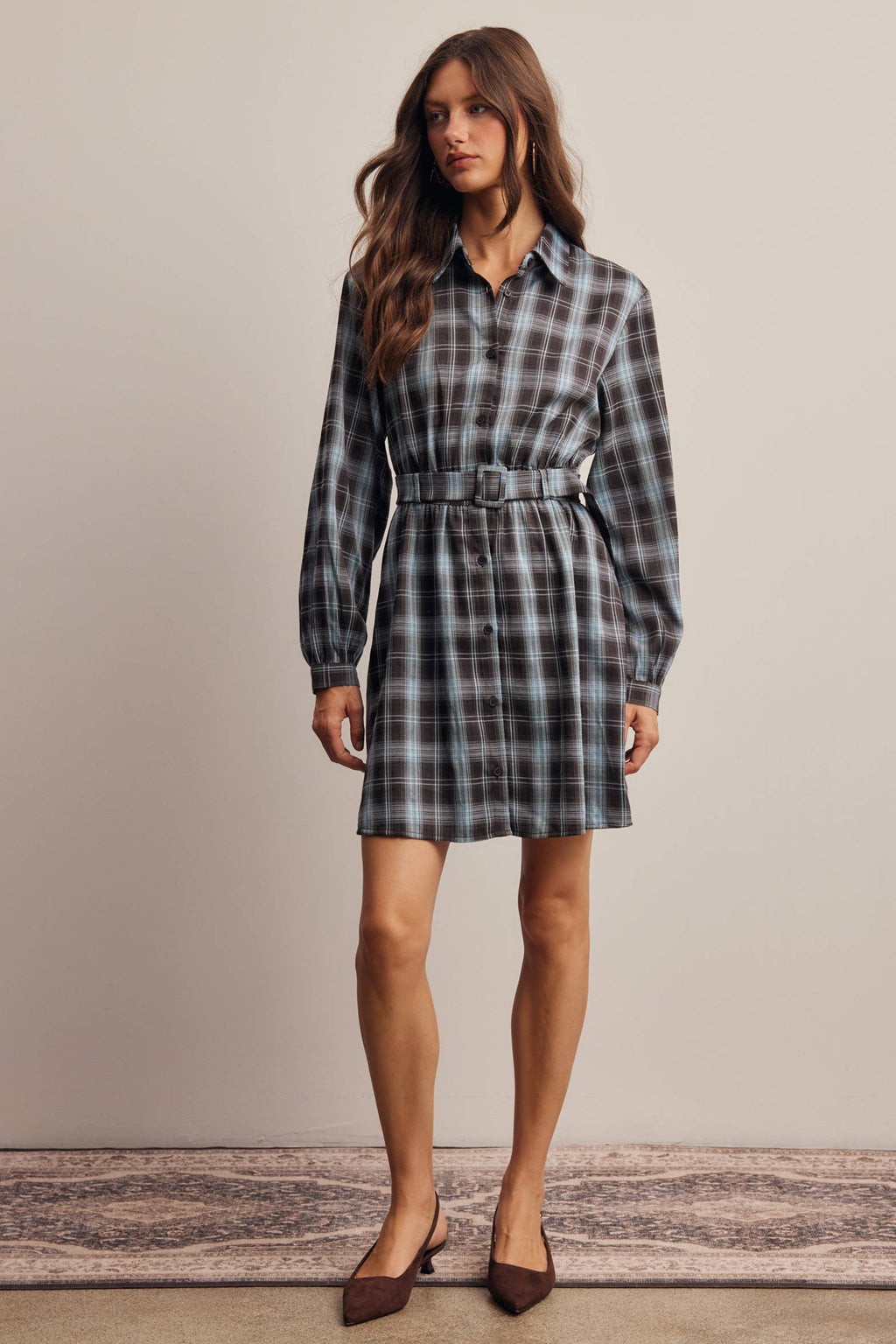 Belted Plaid Shirt Dress FD0063
