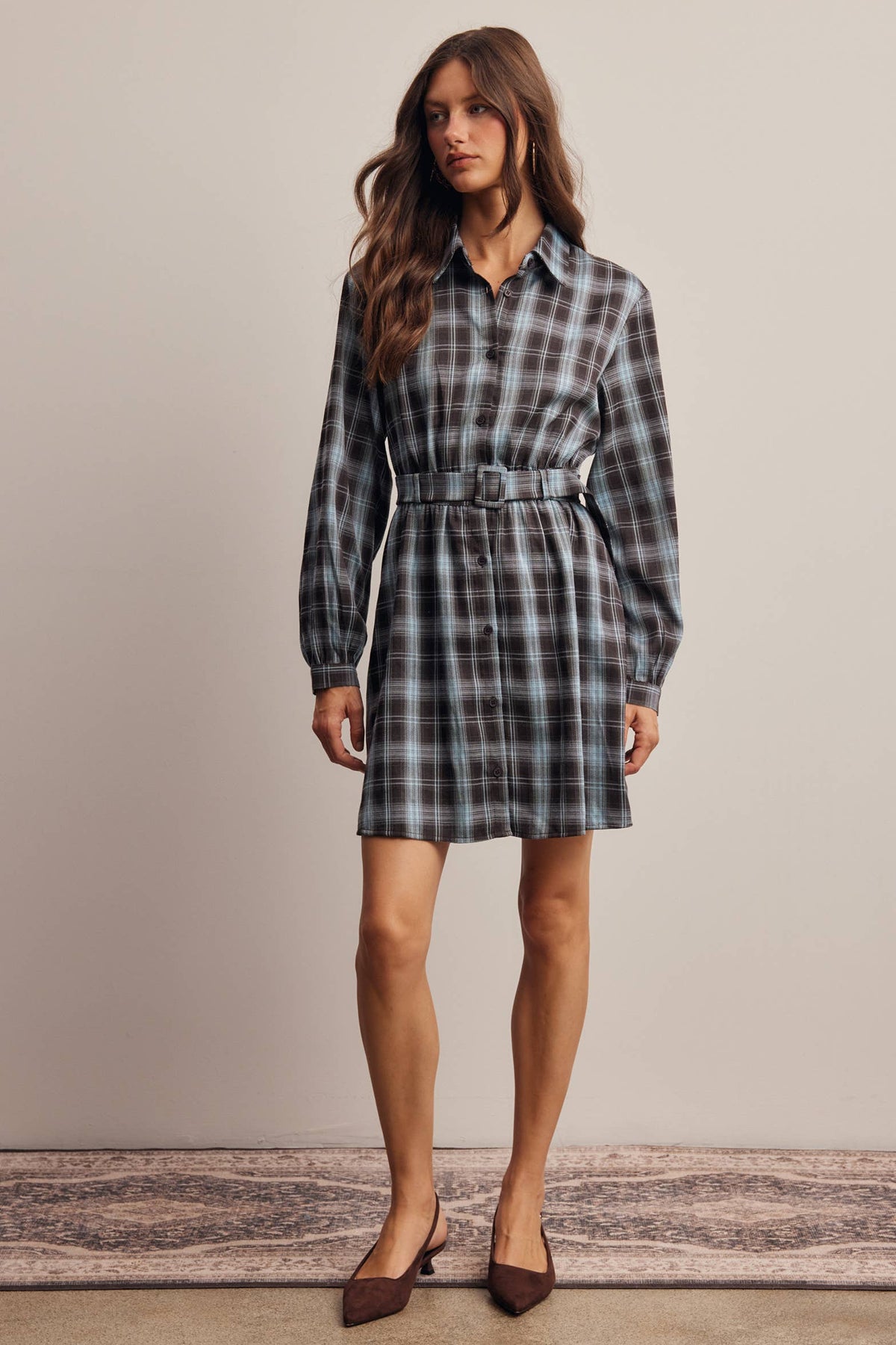 Belted Plaid Shirt Dress FD0063